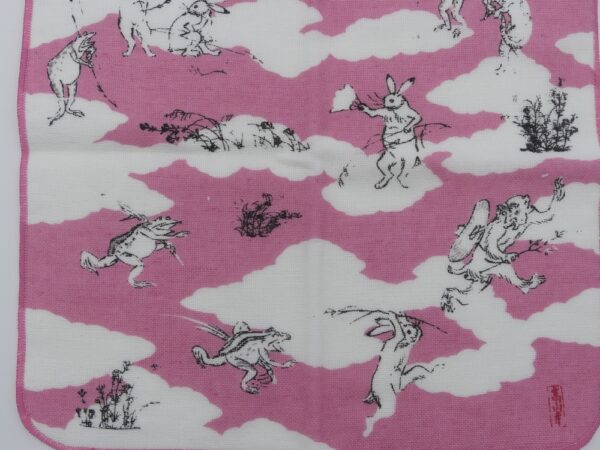 serviette coton doublé éponge motif animaux fond rose 35x35